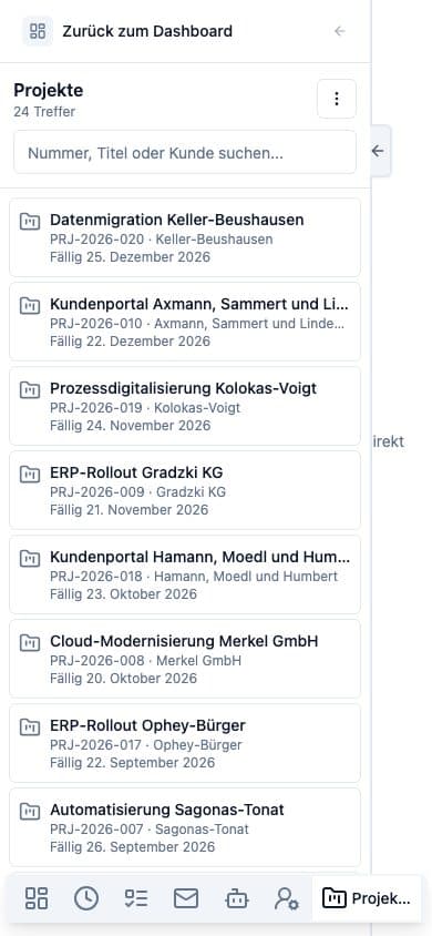 Mobile Ansicht von Projekte in Neuronize ERP