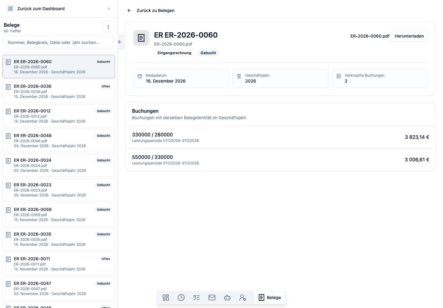 Desktop-Ansicht von Belege in Neuronize ERP